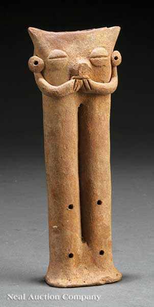 Appraisal: A Pre-Columbian Pottery Flute Colima two cojoined cylinders with a