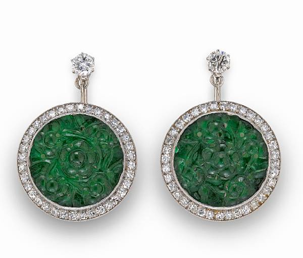 Appraisal: A pair of carved jade and diamond earrings estimated total