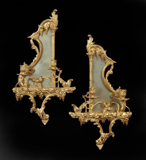 Appraisal: Pair of English Two-Light Girandole Sconces composed of carved giltwood