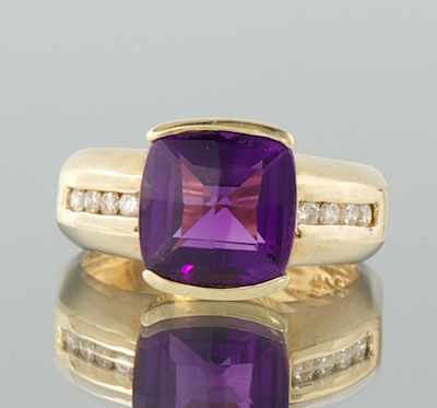 Appraisal: k Amethyst and Diamond Ring with Step-Sides k yellow gold