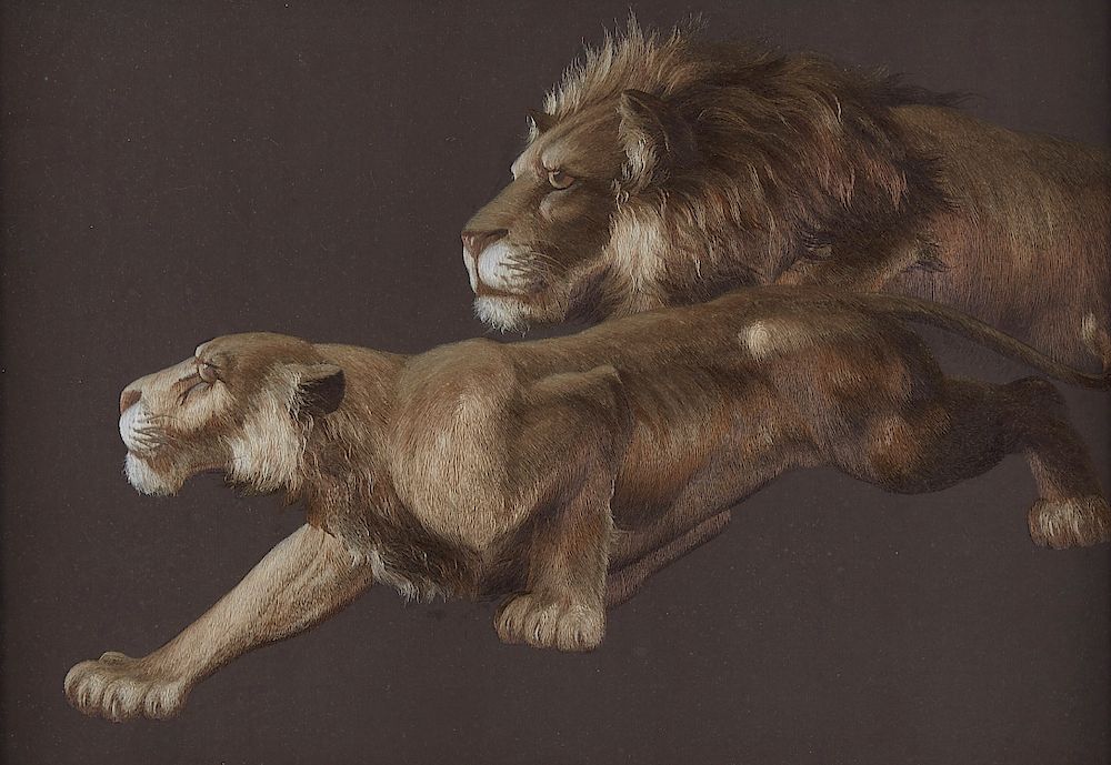 Appraisal: Japanese Meiji Silk Embroidery of Two Lions A stunning example