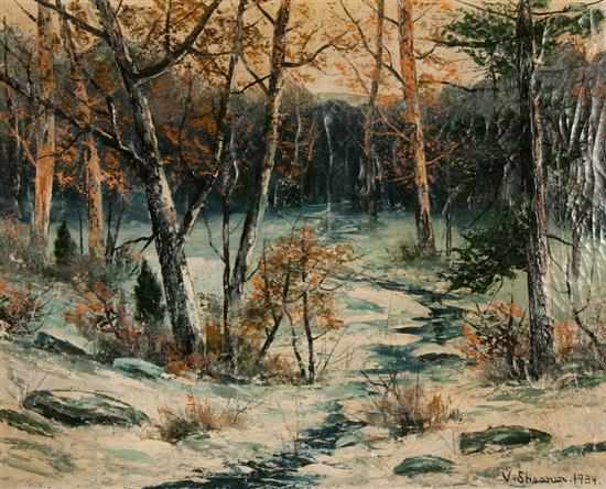 Appraisal: Victor Shearer American - Winter Forestscape oil on canvas signed