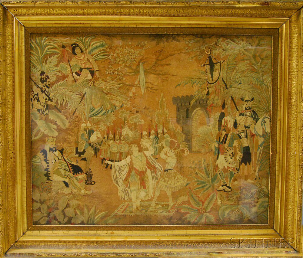 Appraisal: Framed Silk Needlework Picture th century depicting an eastern scene