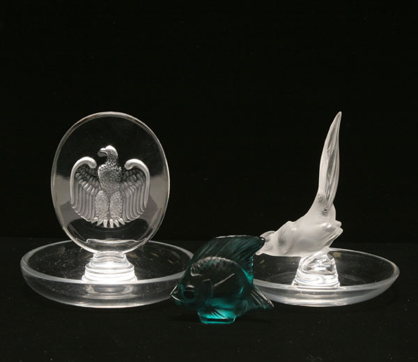 Appraisal: Two Lalique glass pin trays and molded teal fish The