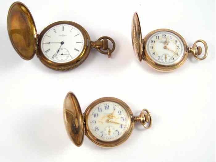 Appraisal: THREE AMERICAN HUNTER CASE POCKET WATCHES Waltham model size jewels