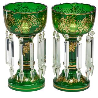 Appraisal: PAIR OF VICTORIAN GREEN GLASS LUSTERS Scalloped edge with gilt