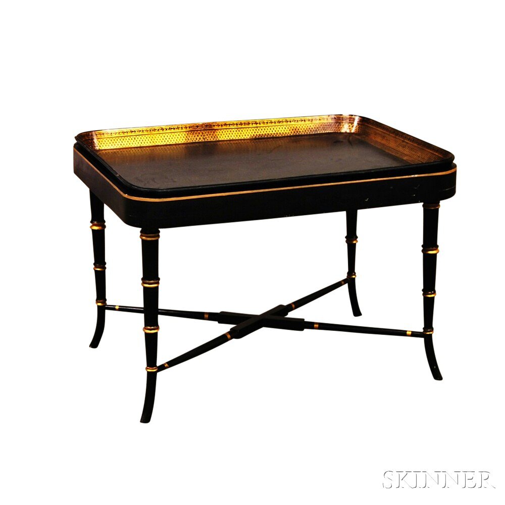 Appraisal: Lacquered Papier-mache Tray on Stand th century the rectangular tray