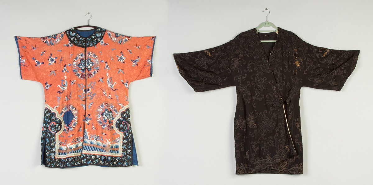 Appraisal: Two Chinese Silk Embroidered Robes One with coral background butterflies