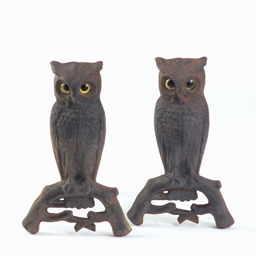 Appraisal: Pair of owl andirons with original yellow glass eyes early