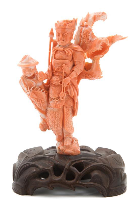 Appraisal: Chinese Coral Figural Carving depicting a warrior at center with