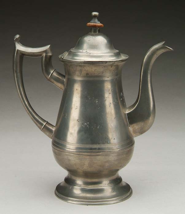 Appraisal: AMERICAN PEWTER COFFEE POT BY ROSWELL GLEASON Tall pot in