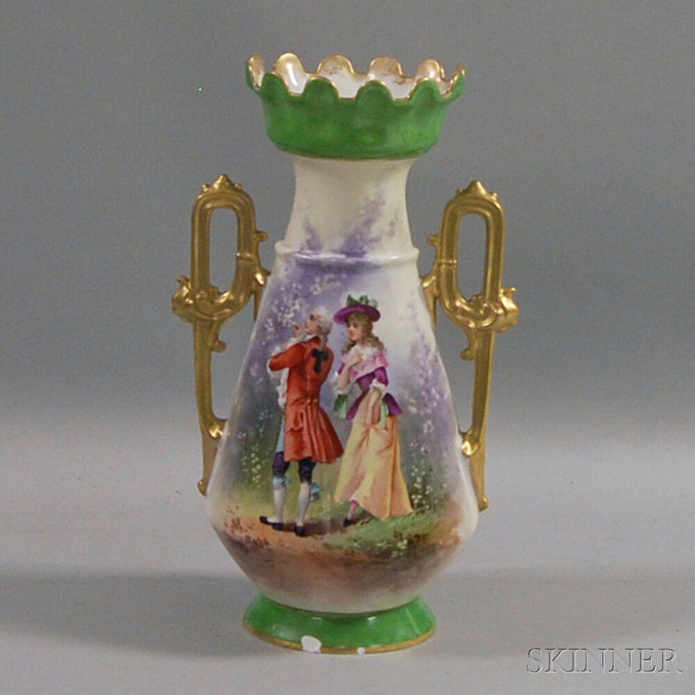 Appraisal: Double-handled Limoges Vase th th century the scalloped rim over