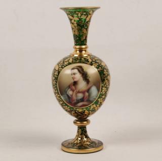 Appraisal: GREEN MOSER GLASS ENAMELED PORTRAIT URN GREEN MOSER GLASS AND