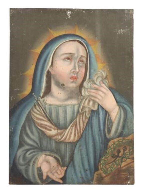 Appraisal: Unframed oil on tin retablo Nuestra Senora de los Dolores