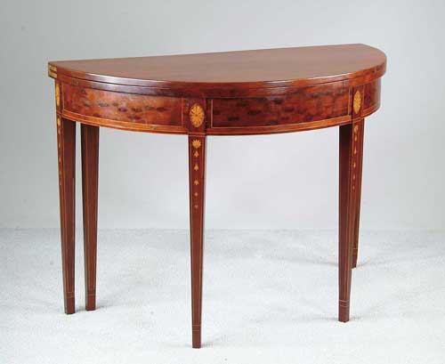 Appraisal: FINE HEPPLEWHITE INLAID MAHOGANY DEMILUNE CARD TABLE Square tapered legs