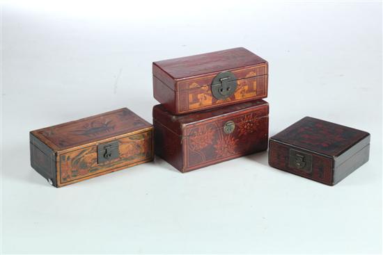 Appraisal: FOUR LACQUERED BOXES Asian th century mixed woods with brass