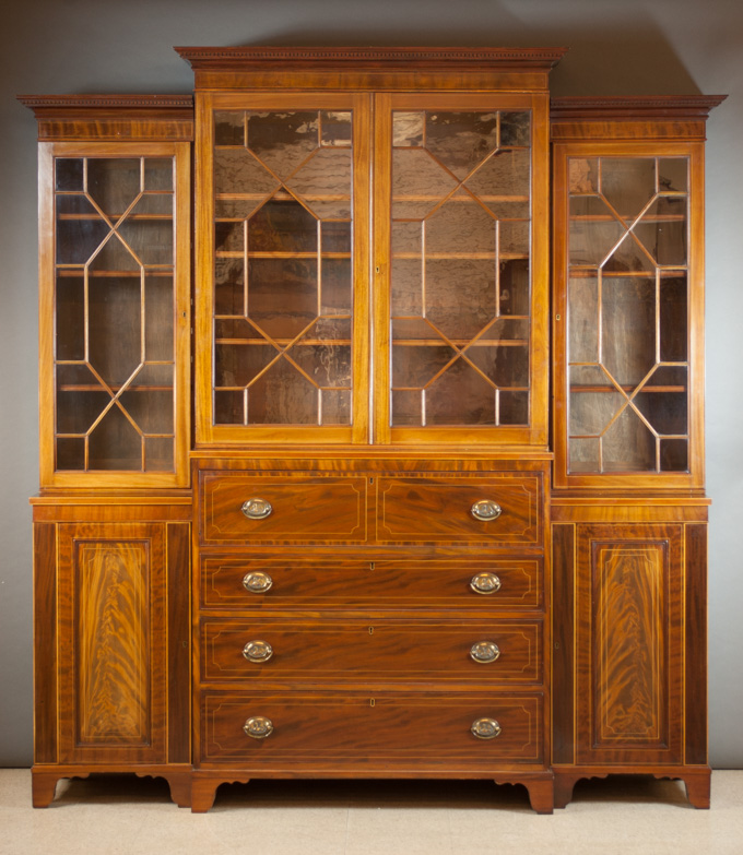 Appraisal: GEORGE III STYLE MAHOGANY BREAKFRONT SECRETARY BOOKCASE English th century