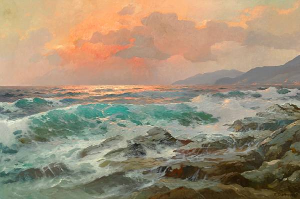 Appraisal: Alexander Dzigurski Yugoslavian American - Crashing Waves at Sunset signed