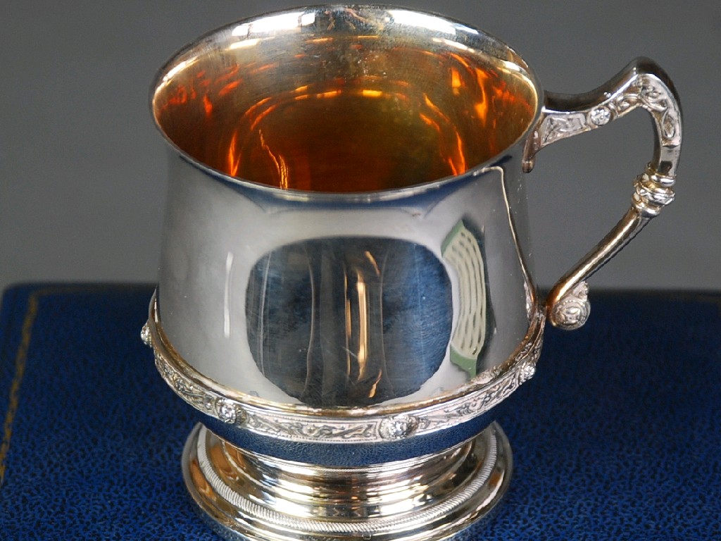 Appraisal: GARRARD AND CO BOXED SILVER CHRISTENING MUG of footed baluster