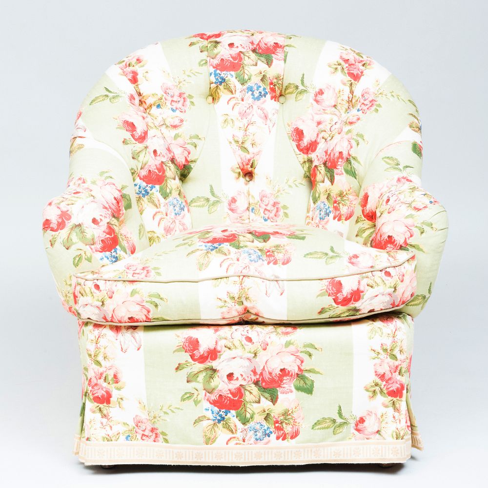 Appraisal: Floral Linen Tufted Upholstered Tub Chair x x in Height