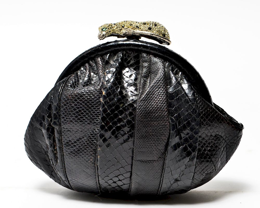 Appraisal: Vintage Reptile Skin Clutch w Panther Closure Vintage black reptile