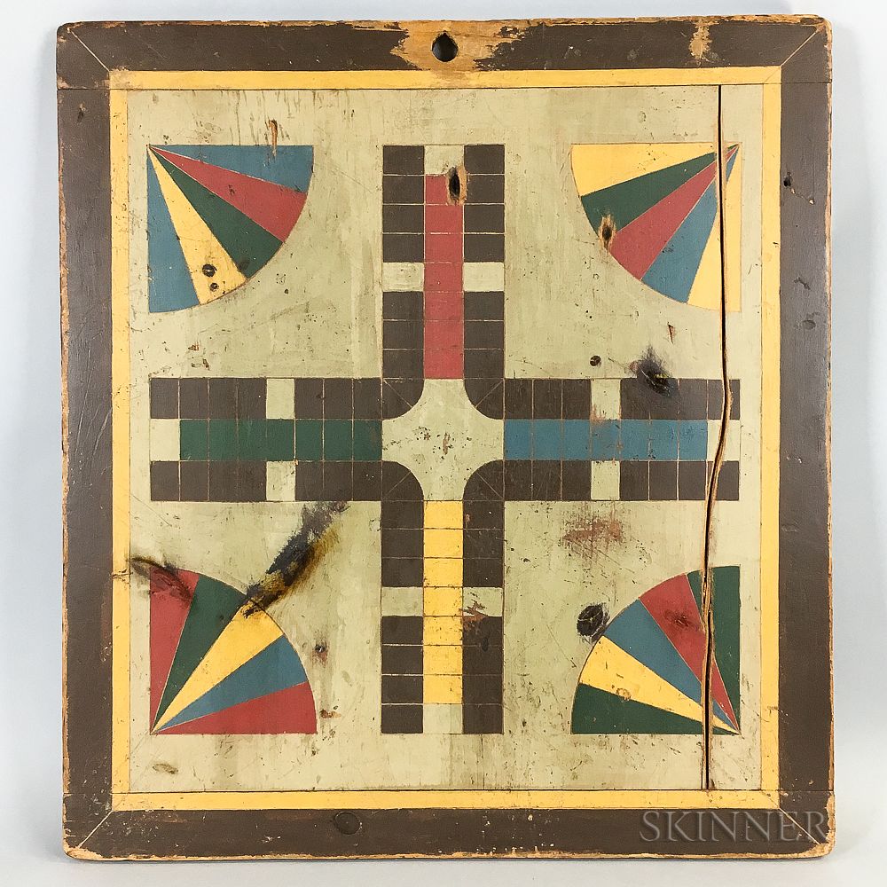 Appraisal: Polychrome Pine Parcheesi Board Polychrome Pine Parcheesi Board ht wd