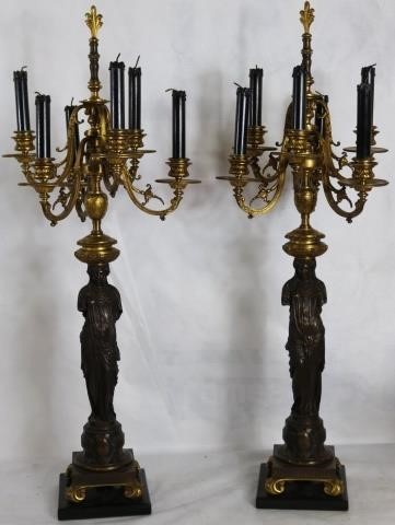 Appraisal: FERDINAND BARBEDIENNE - FRENCH PAIR OFBRONZE AND GILT BRONZE CANDELABRAS