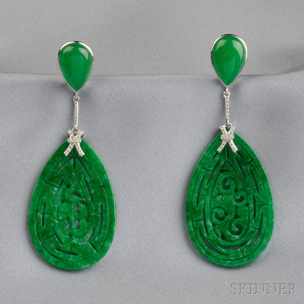 Appraisal: kt White Gold Jade and Diamond Earpendants each pear-shape cabochon