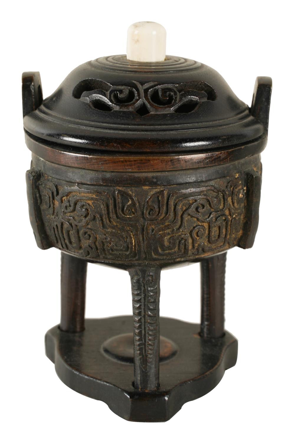 Appraisal: CHINESE BRONZE CENSERwith wooden base and cover inches diameter inches