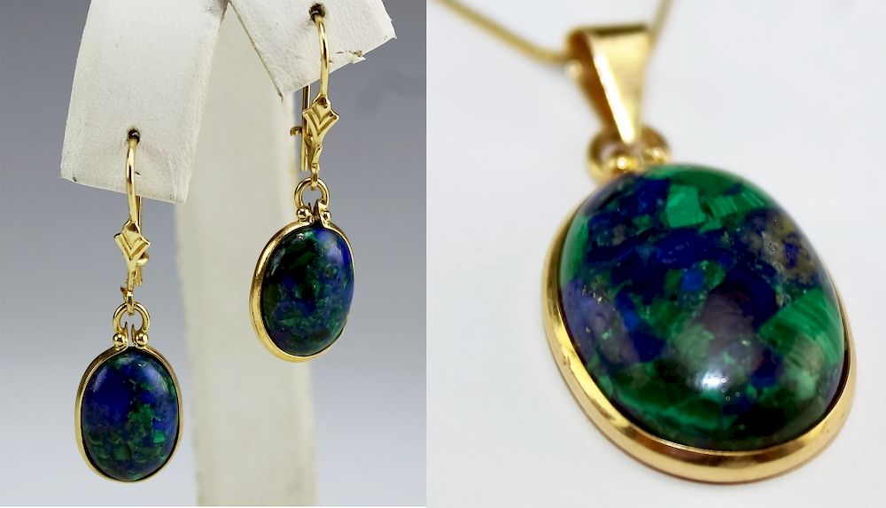 Appraisal: Ladies K Gold Chrysocolla Earrings and Necklace Ladies chrysocolla pendant