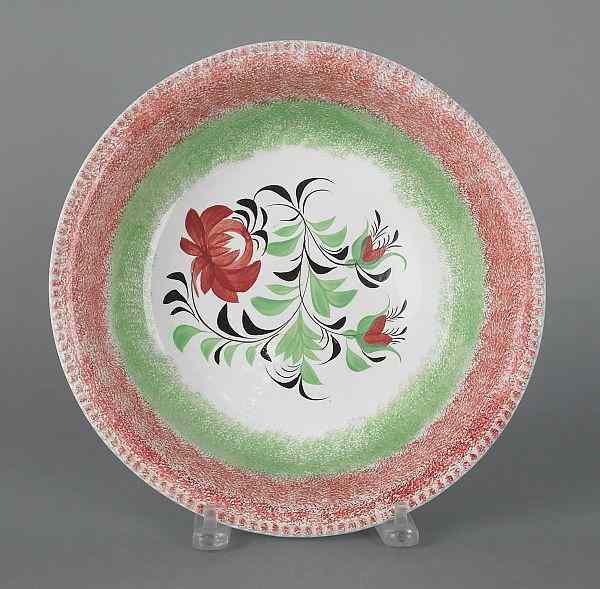 Appraisal: Red and green rainbow spatter bowl th c with rose