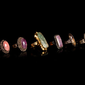 Appraisal: Six Chinese Hardstone Inset Metal Mounted Rings comprising two amethyst