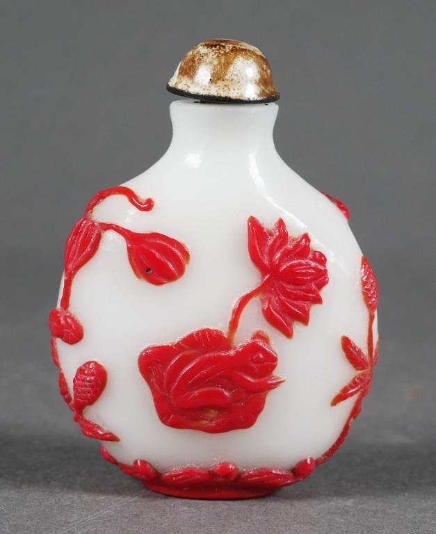 Appraisal: Antique cameo glass snuff bottle with fish and floral relief