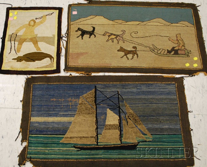 Appraisal: Three Grenfell Labrador Industries Hooked Mats depicting seal hunting dog