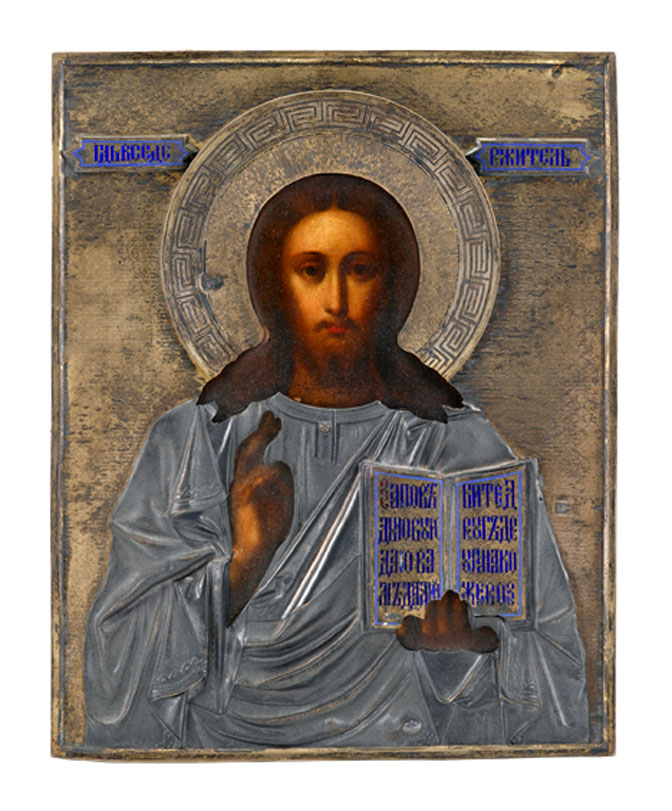 Appraisal: Russian icon CHRIST PANTOCRATOR moscow With a silver and silver-gilt