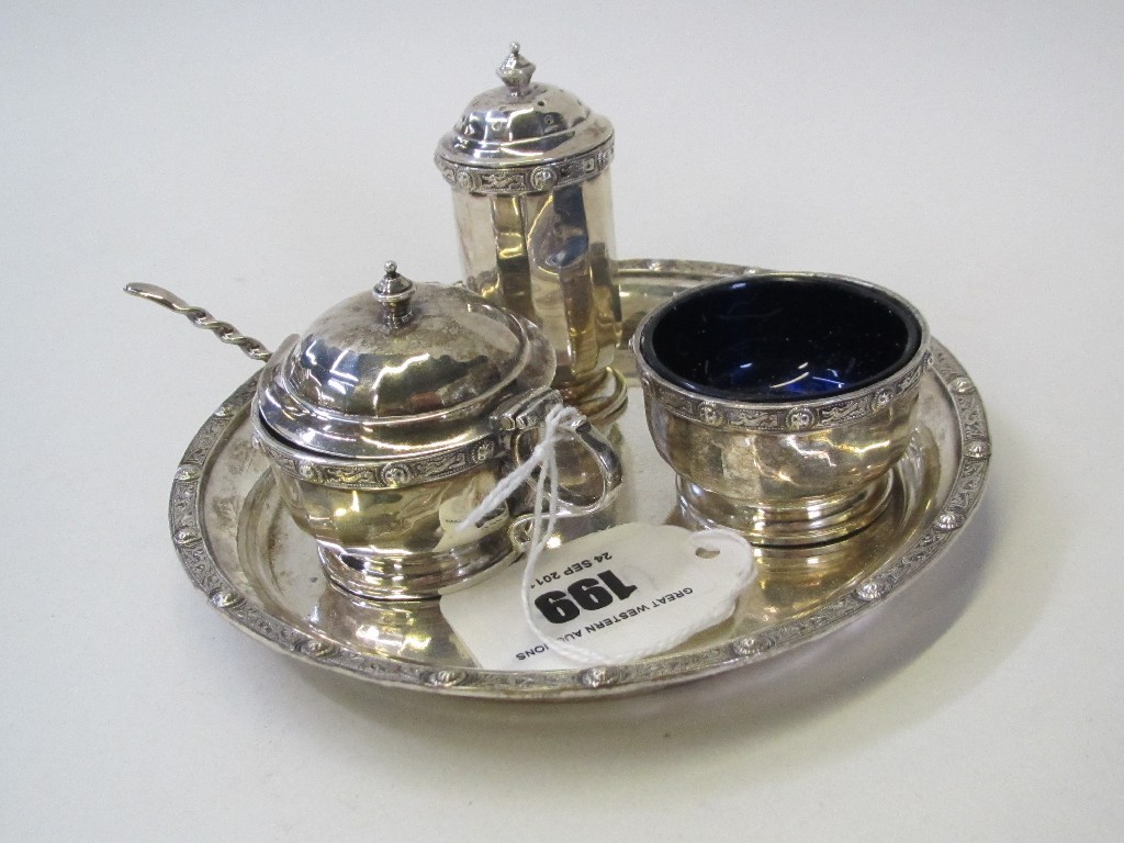 Appraisal: Three piece silver condiment set on stand with Celtic decoration