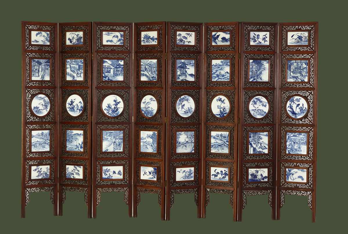 Appraisal: Chinese -Panel Screen w Pierce Carved Hardwood Porcelain Plaques th