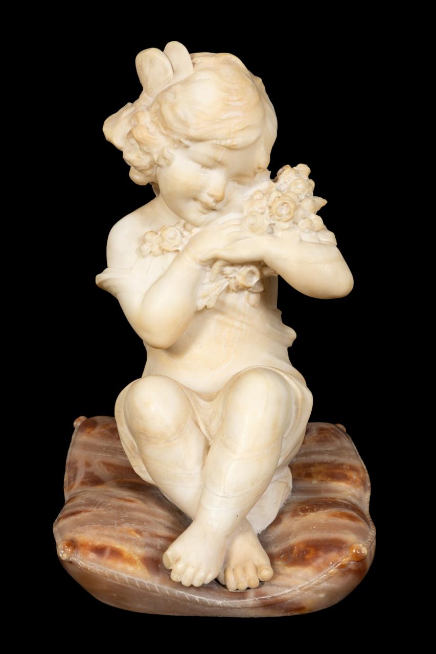 Appraisal: E BATTIGLIO ALABASTER SCULPTURE GIRL ON PILLOW Eugenio Battiglio Italian