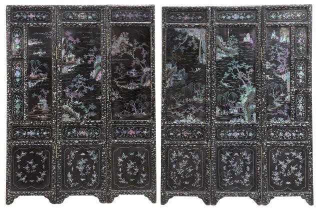 Appraisal: lot of Chinese lac burgaute laque burgaute three-panel folding screens