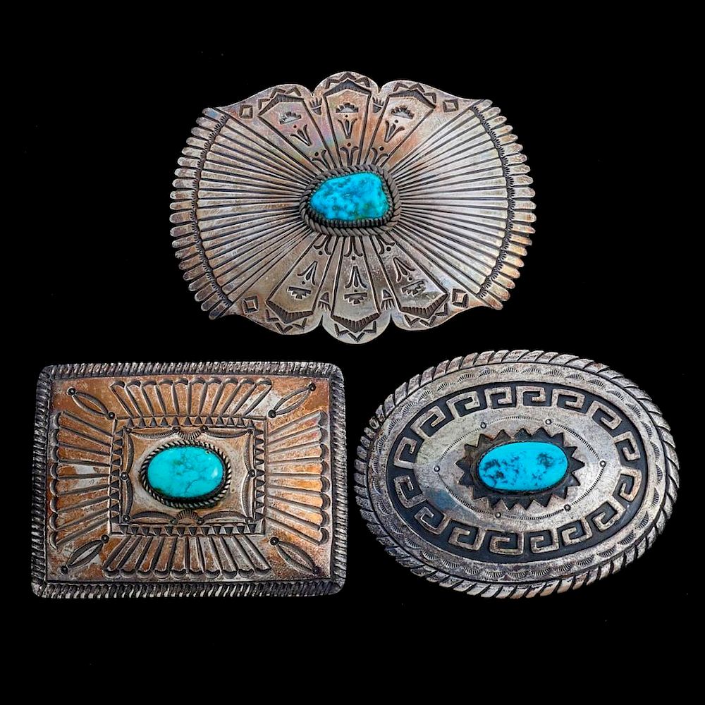 Appraisal: NAVAJO BELT BUCKLES Three Vintage old pawn turquoise and silver