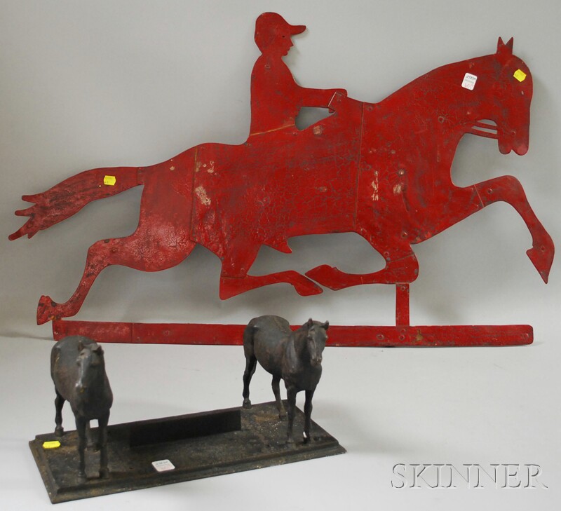 Appraisal: Red-painted Cut Sheet Metal Horse and Rider Weather Vane and