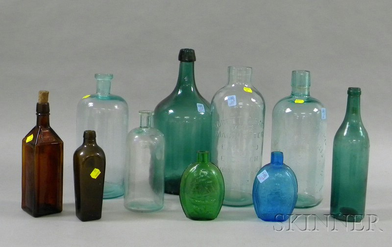 Appraisal: Ten Assorted Colored Molded Glass Bottles and Flasks including an