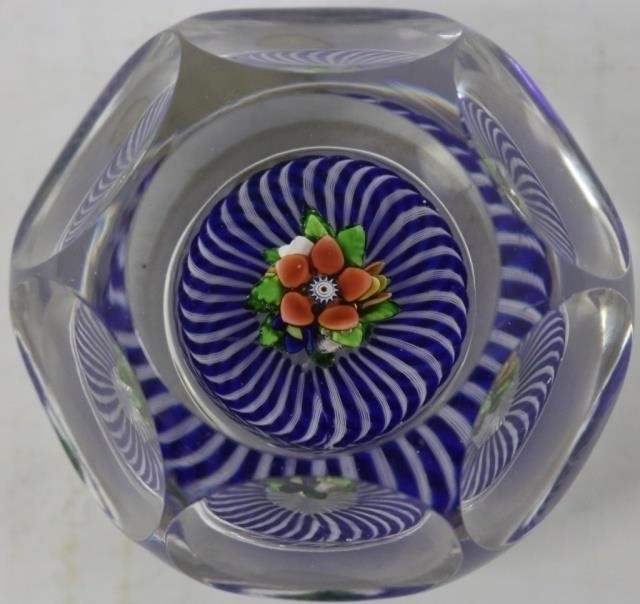 Appraisal: SAINT LOUIS FACETED PAPERWEIGHT UPBRIGHTBOUQUET WITH BLUE AND WHITE TORSADE