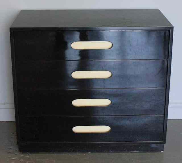 Appraisal: Midcentury Black Lacquered Chest drawers with recessed leather panels From