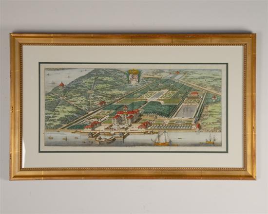 Appraisal: An Erik Dahlberg Hand-colored Copper Engraving of an Estate in