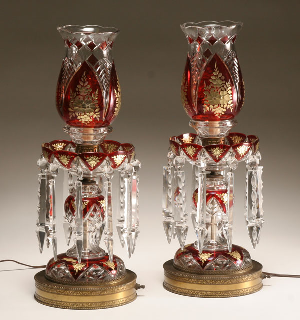 Appraisal: Pair Bohemian crystal lustre lamps cut to clear lead crystal