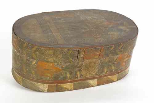 Appraisal: Continental painted bentwood bride's box ca the lid decorated with