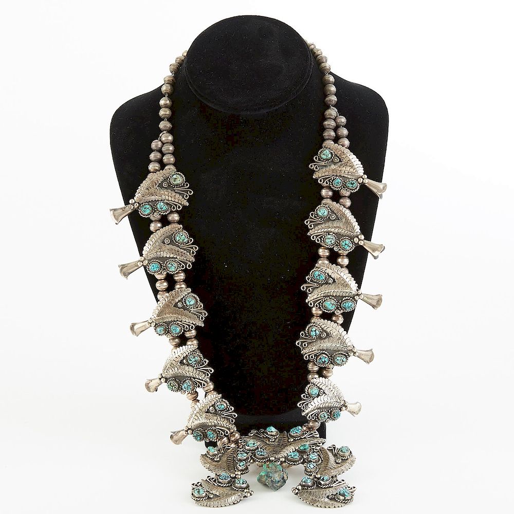 Appraisal: Silver and Turquoise Squash Blossom Necklace with Earrings Navajo silver