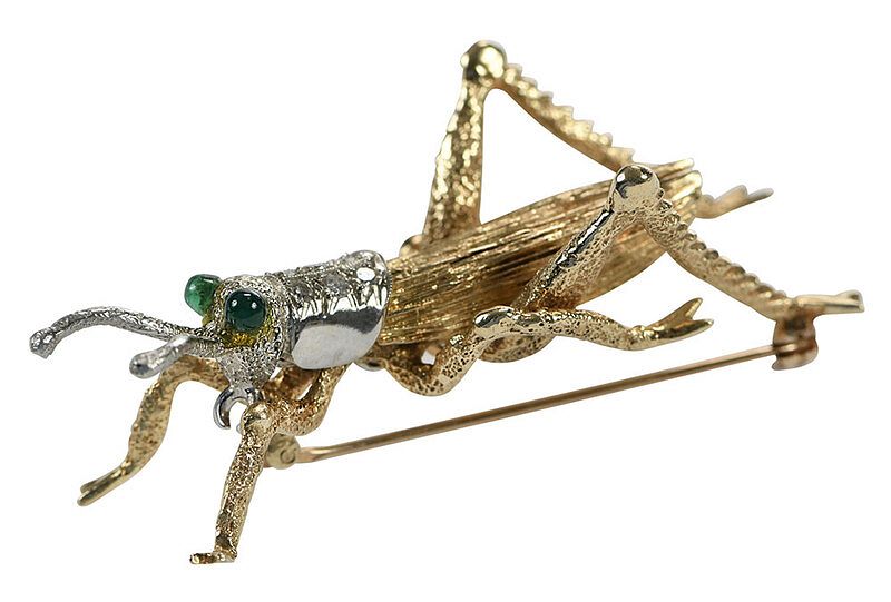 Appraisal: kt Grasshopper Brooch six single cut diamonds one emerald cabochon