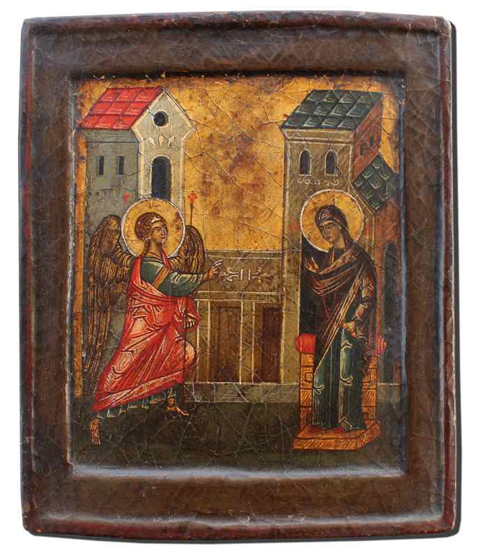 Appraisal: EARLY RUSSIAN ICON DEPICTING ANGEL AND MARY Oil Cradled Wood